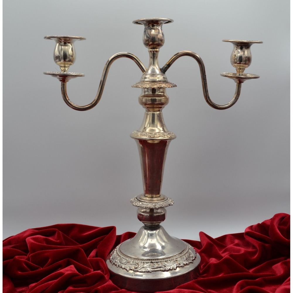 Antique Silver Plated 3 Light Candelabra Ornate Floral Weighted Base Centerpiece